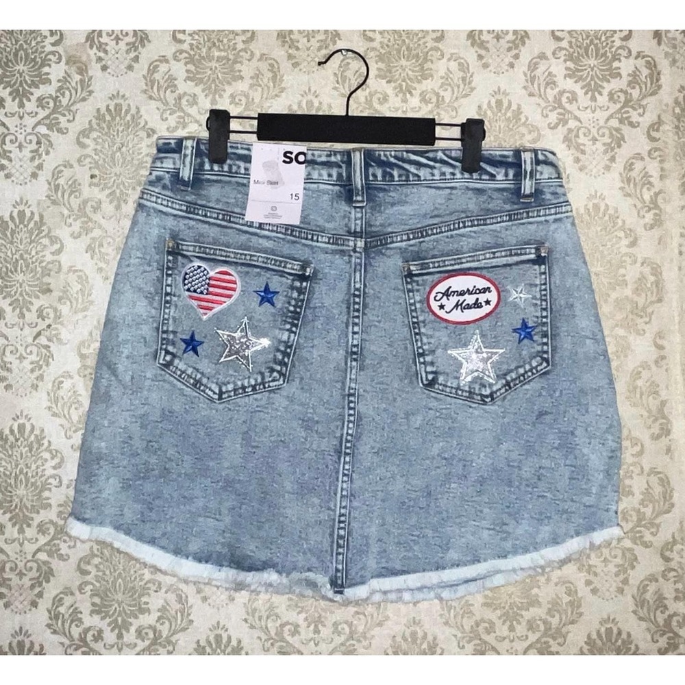 So USA American Pride Women's Denim Jean Skirt Upcycled OOAK Sz. 15 NWT
